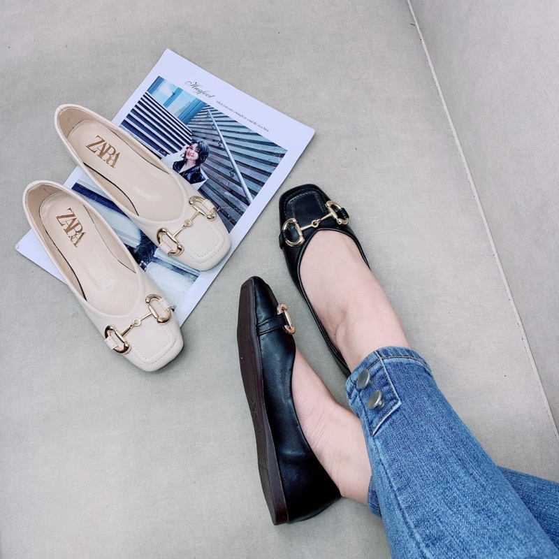 Giày bệt mũi vuông da lì nơ khoá vàng đế mềm, dẻo