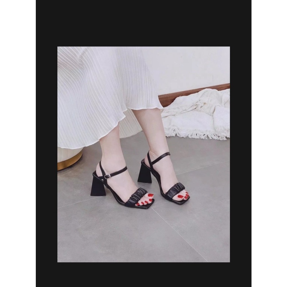 Hàng sẵn: Giày cao gót quai nhún bèo gót tam giác 5 phân, Sandal cao gót 5 cm quai nhún