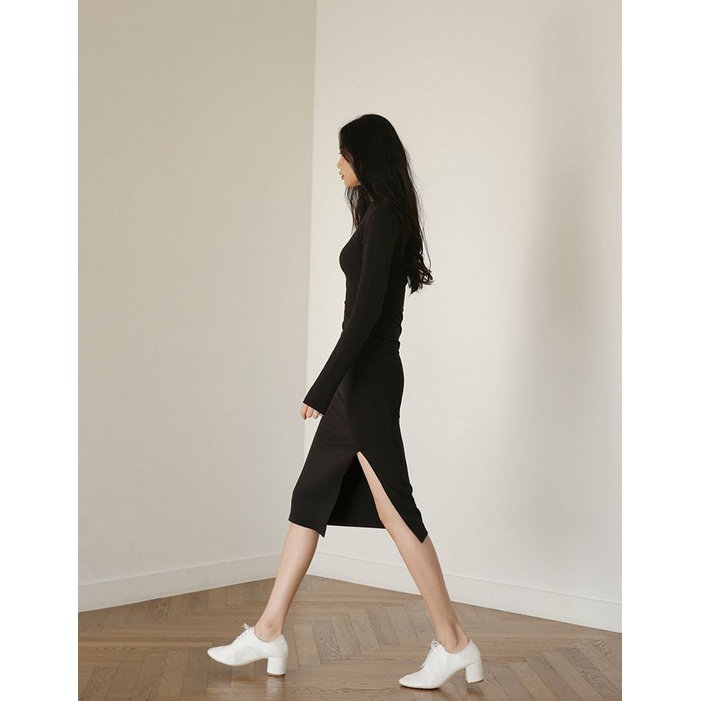 Váy đầm nữ dài tay len tăm body đen xẻ vạt cổ tròn Ylydress freesize phom ôm tôn dáng sexy dáng dài C660 | BigBuy360 - bigbuy360.vn