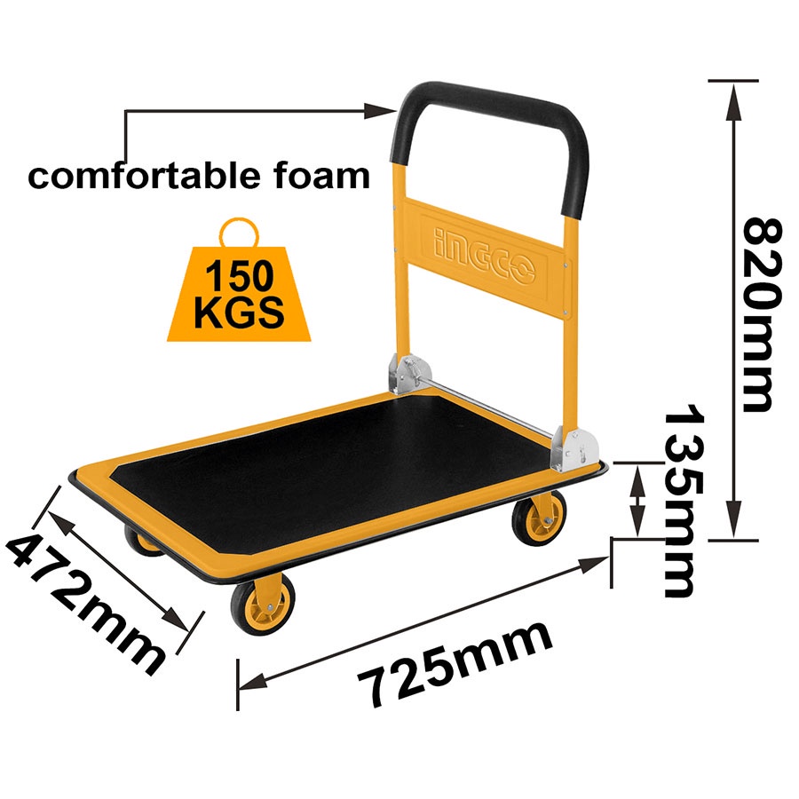 Xe 4 bánh INGCO 150kg đẩy kéo hàng hoá bằng tay có thể gập xếp lại HPHT11502  - Có chứng nhận an toàn thực nghiệm GS