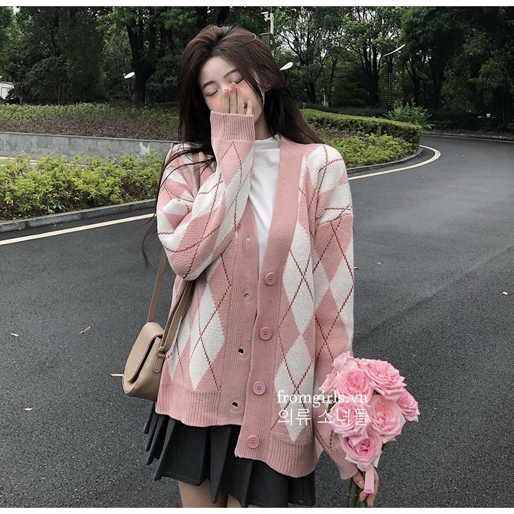 Áo len cardigan kẻ trám có túi hai bên dài tay, áo khoác len mỏng cardigan họa tiết trám ulzzang Hàn Quốc - AL25
