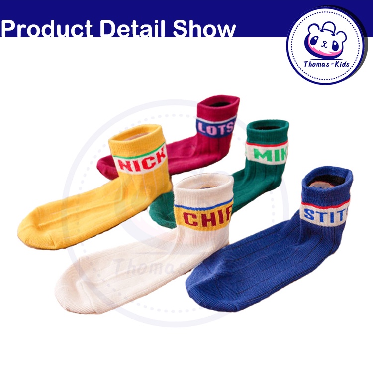 Set 5 Đôi Vớ Cotton Mềm Trung Bình In Họa Tiết Chữ/Gấu/Thỏ Dễ Thương Cho Bé 1-13 Tuổi
