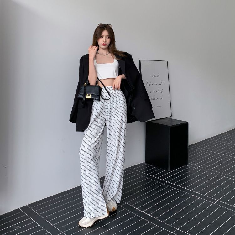 quần ống rộng Lưng Cao In Chữ Thời Trang Cho Nữ