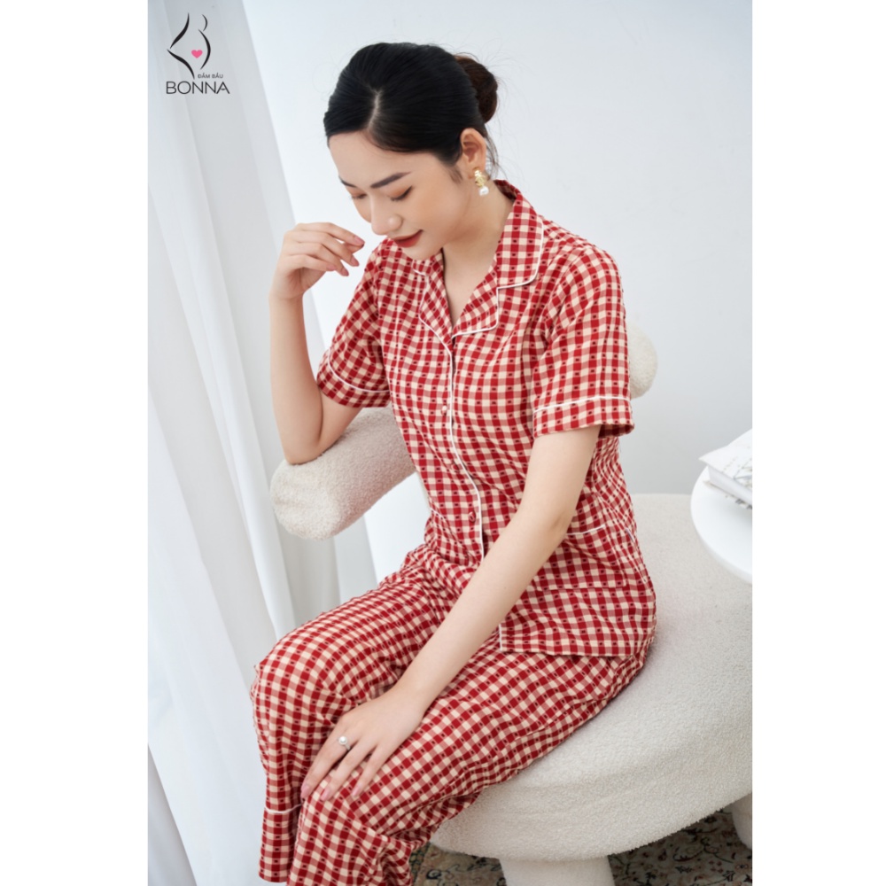 Đồ bộ bầu mặc nhà bonna dáng pijama tay ngắn quần dài chất liệu đũi cao cấp - ảnh sản phẩm 4