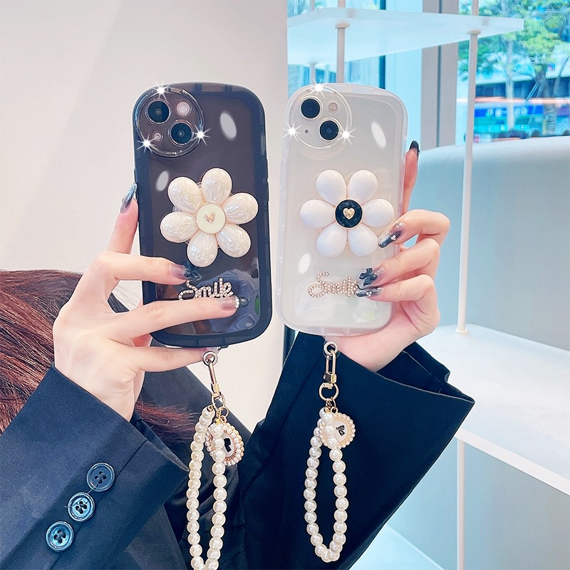 Ốp Điện Thoại Họa Tiết Hoa Đính Ngọc Trai Kèm Giá Đỡ Và Dây Đeo Cho iphone 15 14 13 12 11 pro max 7 8 plus x xs max xr se 202