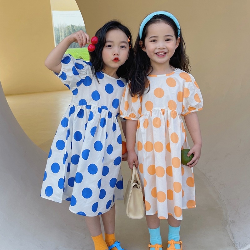Đầm Công Chúa Tay Phồng Cổ Tròn In Họa Tiết Chấm Bi Màu Trắng Dễ Thương Phong Cách Hàn Quốc Thời Trang Mùa Hè Cho Bé Gái
