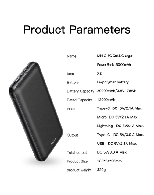 Pin sạc dự phòng Baseus Mini Q PD Fast Charge 20,000mAh cho Smartphone/ Tablet/ Macbook