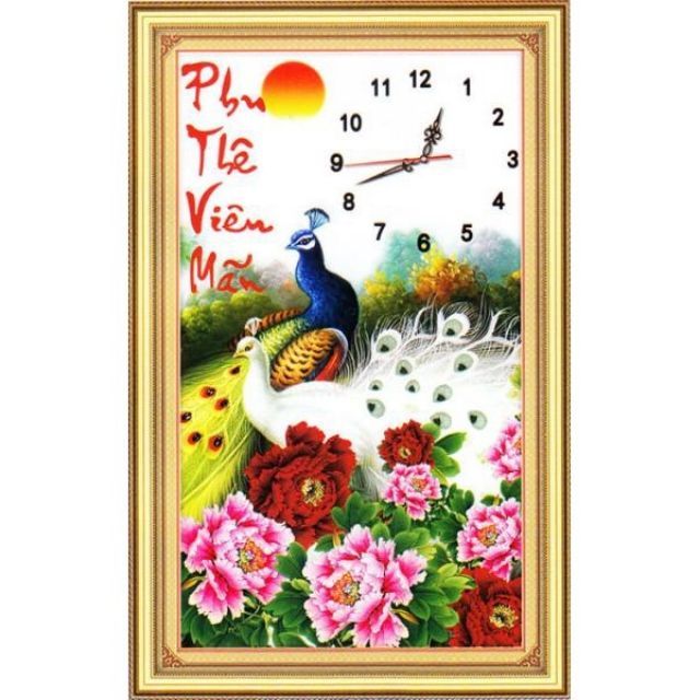 Tranh thêu chữ thập đồng hồ phu thê viên mãn 222897