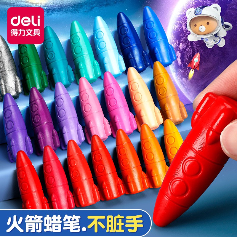 Bút sáp màu hưu cơ Deli không độc hại an toàn cho trẻ em với thiết kế hình tàu vũ trụ dễ thương.
