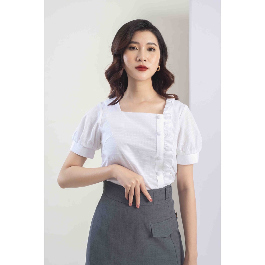 Sơ Mi hè cổ Vuông phối bèo ở nẹp MMOutfit A0720950