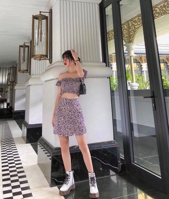 Set áo trễ vai+chân váy hoa Tím