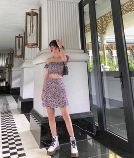 Set áo trễ vai+chân váy hoa Tím