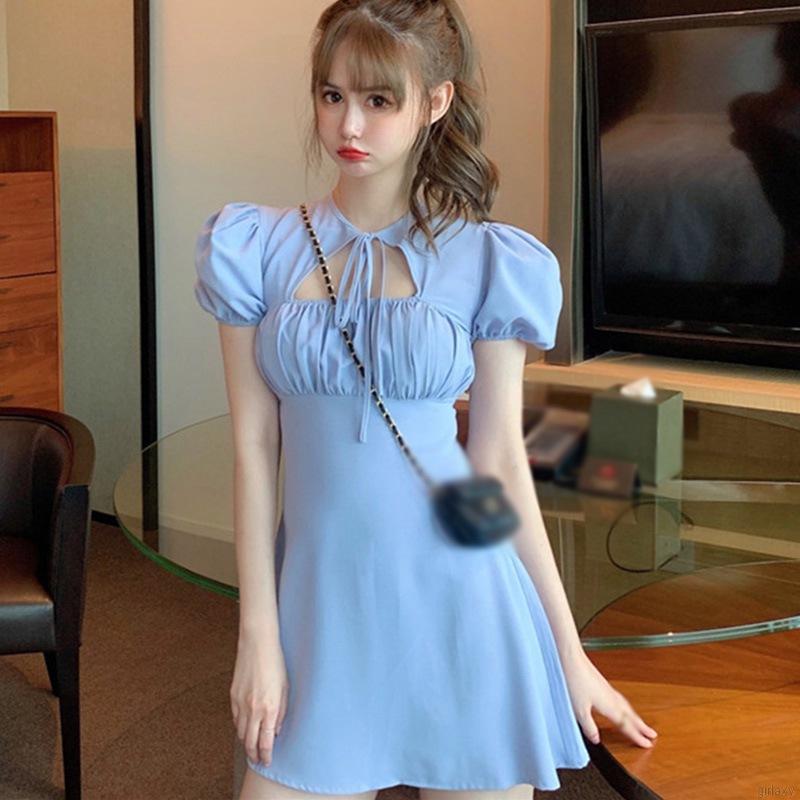 Đầm Nữ Ngắn Tay Thắt Nơ Cổ Thời Trang