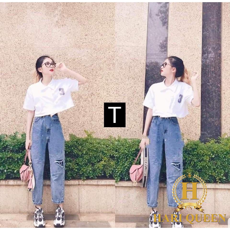Sét áo croptop polo số 3+ quần baggy jeans rách DTR0620