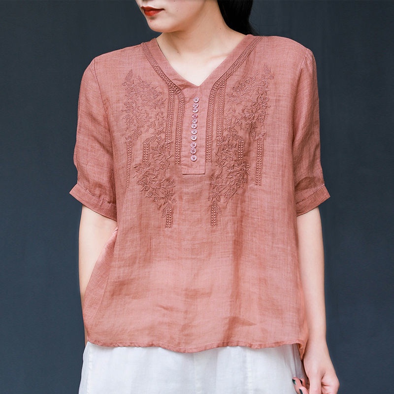 Áo Sơ Mi Vải Lanh Cotton Mỏng Cổ V Dáng Rộng Thêu Họa Tiết Kiểu Retro Thời Trang Cho Nữ