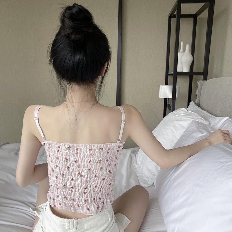 Áo Hai Dây Và Ba Lỗ In Hoa Có Đệm Ngực Phong Cách Hàn Quốc Quyến Rũ Cho Nữ
