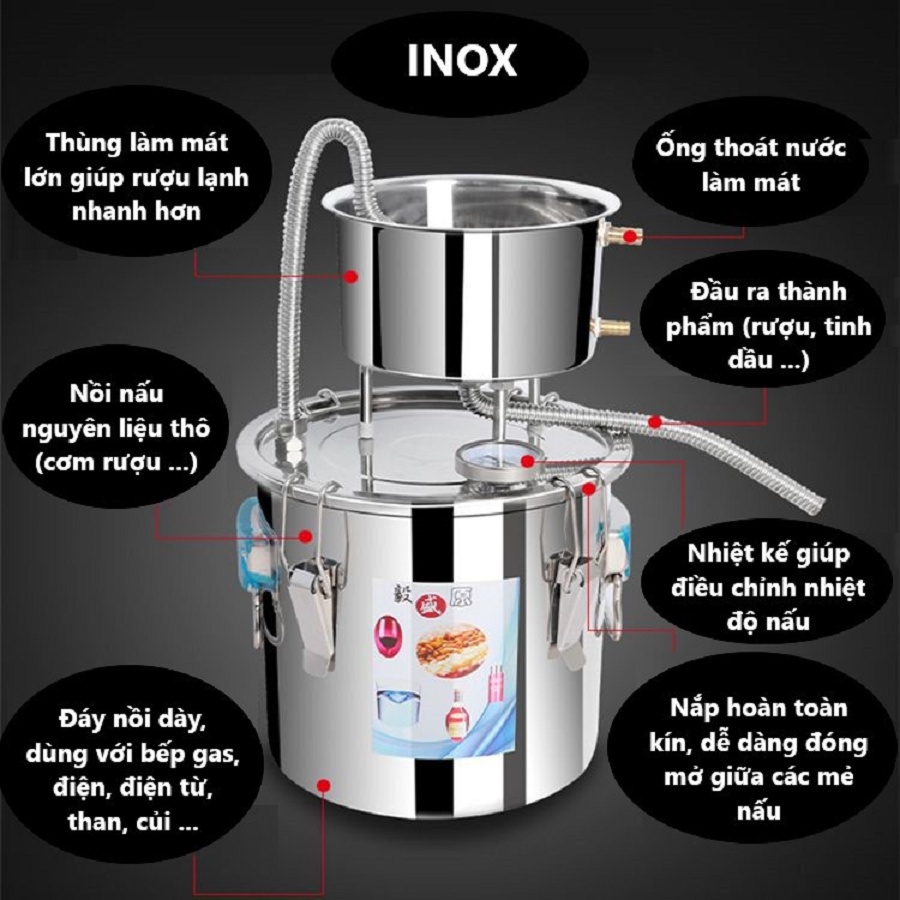 Nồi Chưng Cất INOX 304 Siêu Dày Đáy Nguyên Khối Đa Năng, Chưng Cất Tinh Dầu, Nước Hoa Hồng, ... 22 Lít