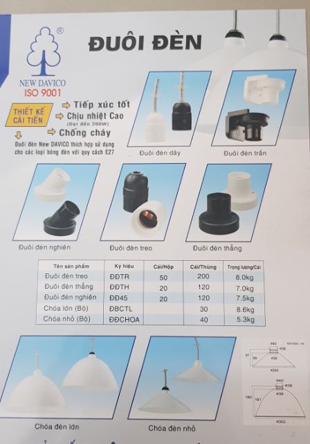 Chuôi đèn treo nhựa E27 chống cháy có dây điện an toàn Kín nước