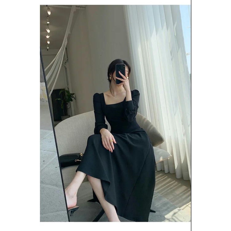 Đầm tay dài cổ vuông màu đen kiểu Pháp phong cách retro thời trang mùa thu 2021 cho nữ