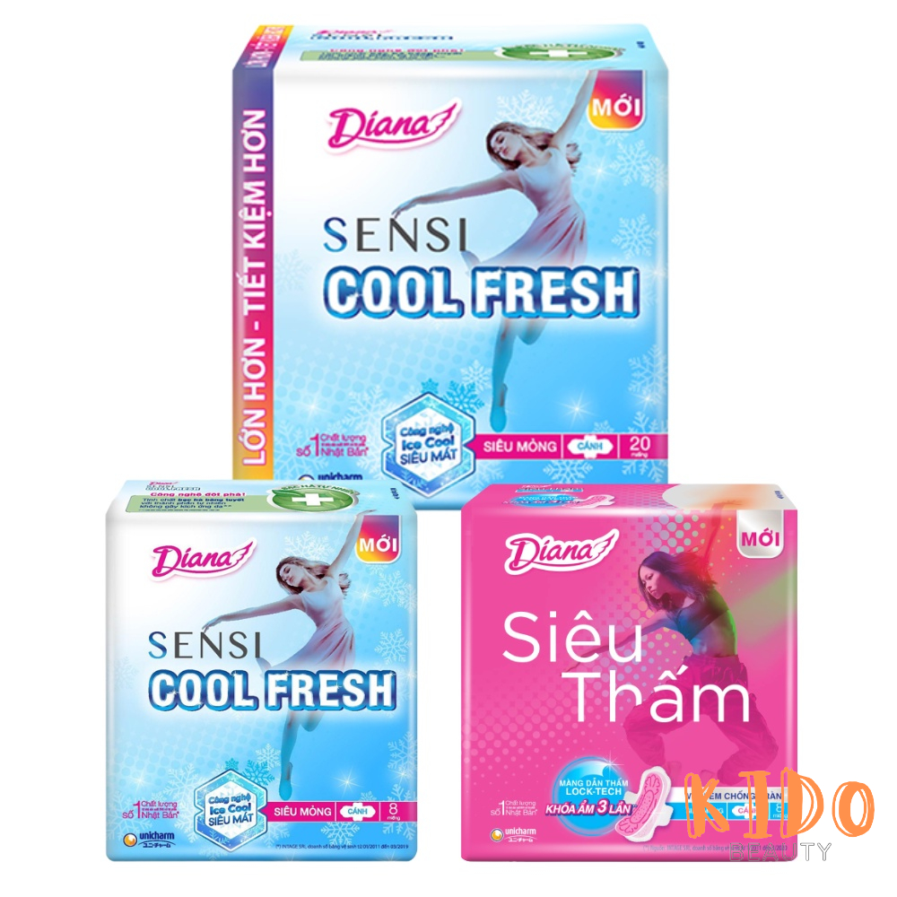 Băng vệ sinh ban ngày Diana siêu mỏng cánh Sensi Cool Fresh | Siêu Thấm 23cm - BVS Diana (Bịch 20 Miếng / 8 Miếng)