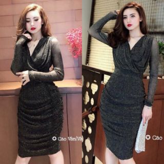 Đầm ôm nhũ kim tuyến (size S M L XL) tay dài cổ V đắp chéo nhúng thân hàng Thiết Kế