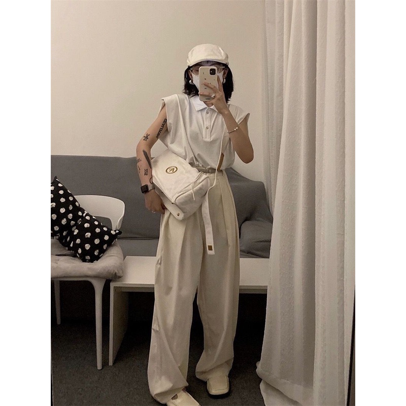 Áo Thun Sát Nách Cổ Polo Màu Sắc Đơn Giản Phong Cách retro Mỹ Cho Nữ