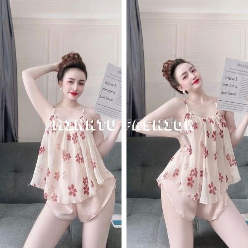 Đồ Ngủ Sexy, Đồ Bộ Mặc Nhà Nữ Áo 2 Dây Voan Hoa Phối Quần Đùi Satin Màu Hàng Đẹp Phong Cách Gợi Cảm, Quyến Rủ Cho Bạn Nữ | BigBuy360 - bigbuy360.vn