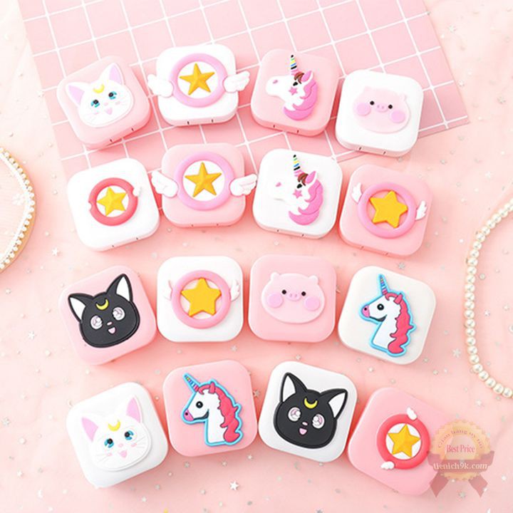 Khay Hộp đựng lens 6in1 3D ngộ nghĩnh để kính áp tròng và dụng cụ lấy lens hình heo mèo độc giác dễ thương