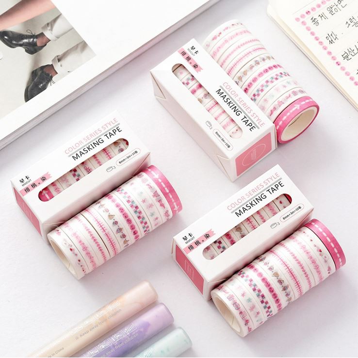 Bộ 10 băng Keo Giấy Trang Trí Washi Tape ( Trang Trí Sổ, Chia Dòng) 8mmx3m