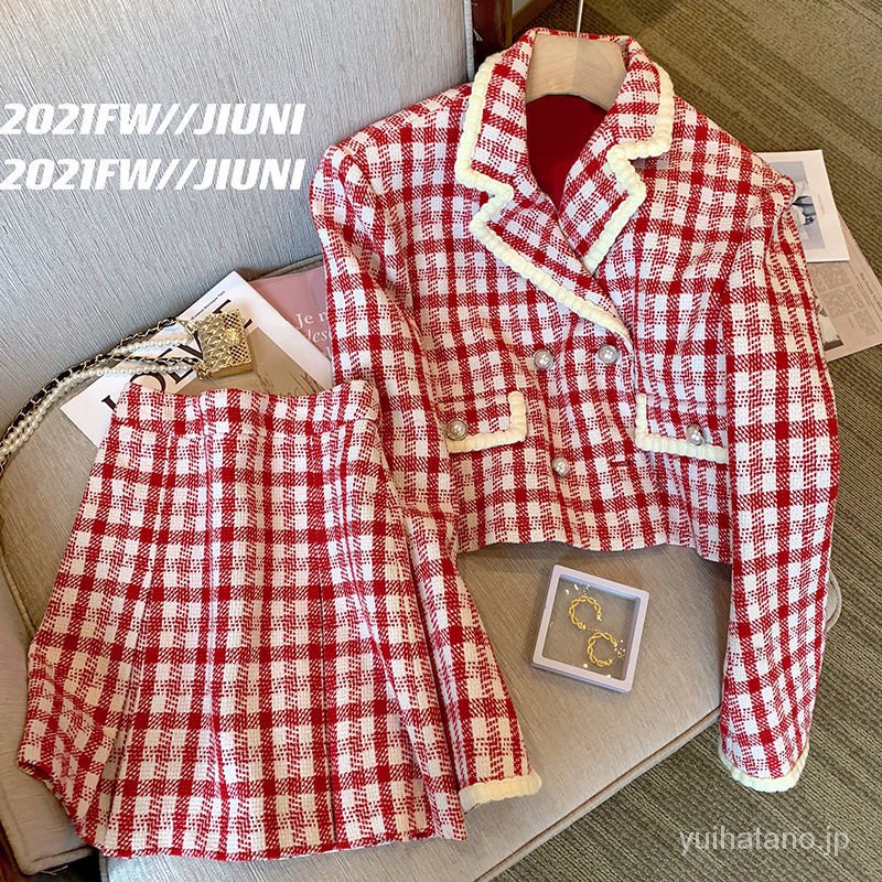 Bộ Áo Khoác Vest + Chân Váy Ngắn Kẻ Sọc Ca Rô Đỏ Cỡ Lớn Thời Trang Mùa Thu 2022 Cho Nữ