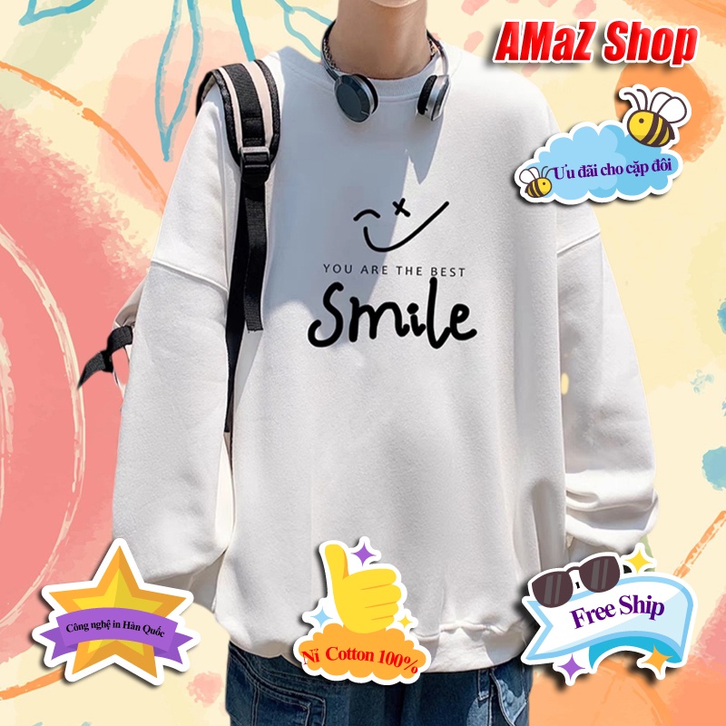áo nỉ đôi form rộng ,áo sweater thu đông cực chất in hình smile AMZ6