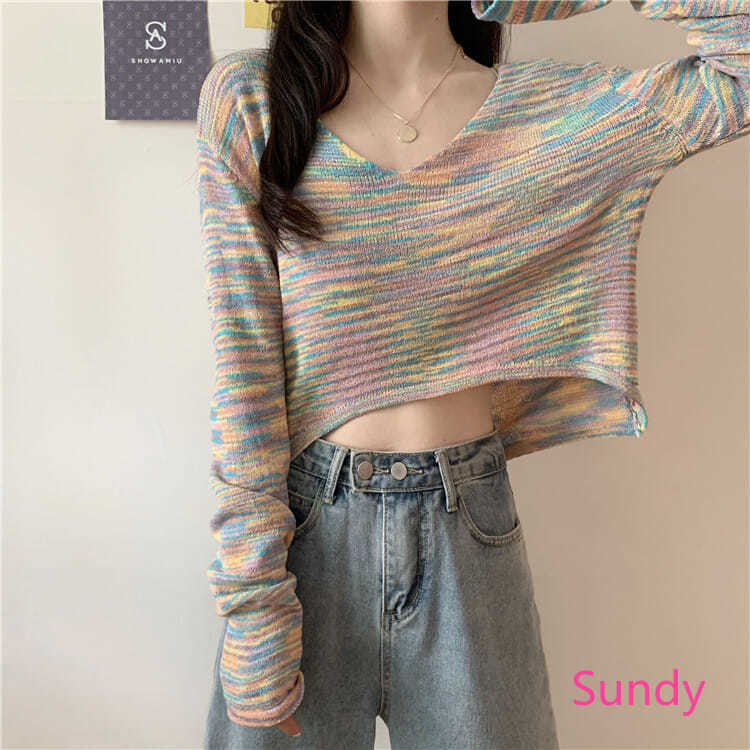 Áo Croptop Tay Dài Cổ V Màu Nhuộm Theo Phong Cách Hàn Quốc