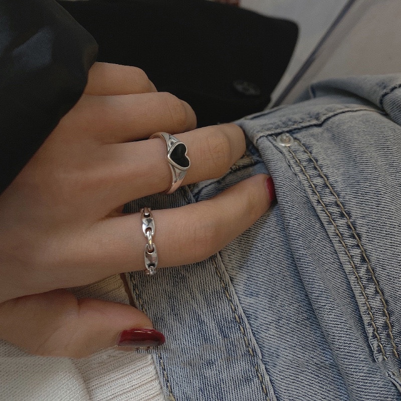 Nhẫn Trơn Móc Xích Và Nhẫn Trái Tim Nam Nữ Titan Không Gỉ Unisex Dành Cho Nam và Nữ Peachy
