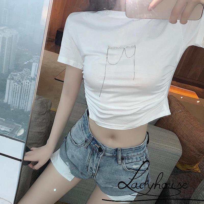 Áo Thun Tay Ngắn Cổ Tròn In Chữ Đính Đá Thời Trang Mùa Hè Dành Cho Nữ