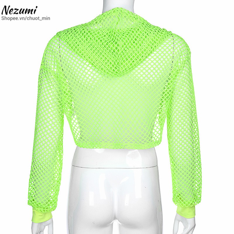 Áo croptop hở ngực ren lưới có mũ, áo tập nhảy cá tính sexy