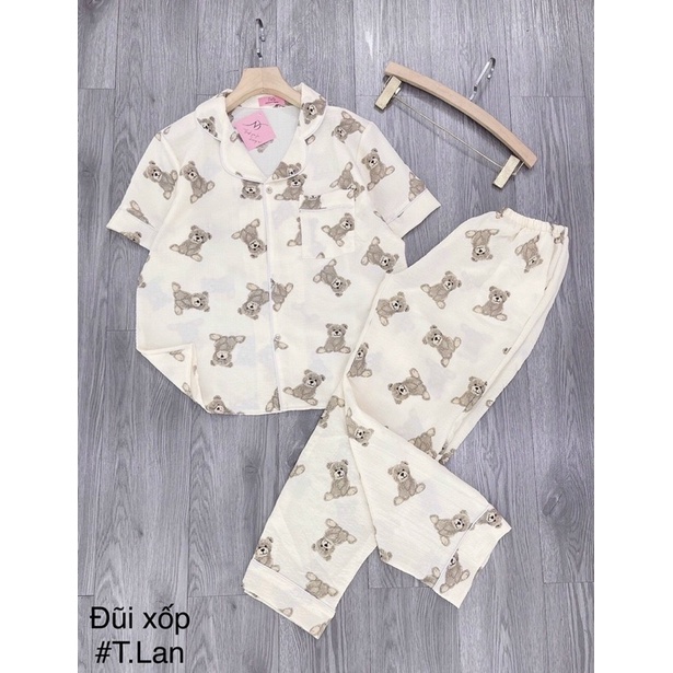 Bộ pyjamas chất đũi xốp áo cộc quần dài nhiều hình dễ thương, Bộ ngủ xinh phong cách trẻ trung mùa hè