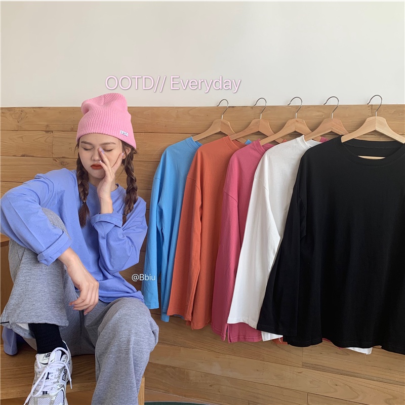 Áo thun tay dài cổ tròn màu trơn thiết kế xẻ tà đơn giản thời trang