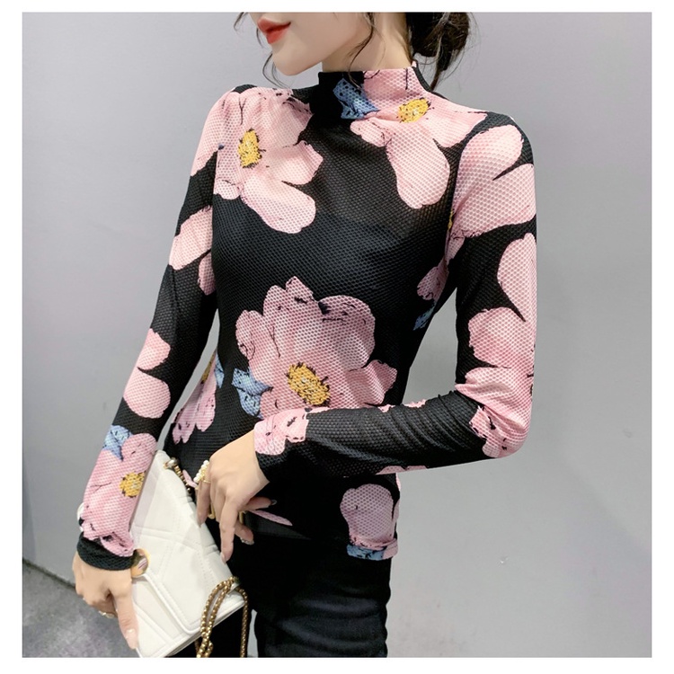 Cổ lọ in họa tiết thời trang thu đông áo lưới dài tay Áo thun dài tay nữ