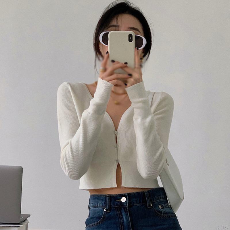 Áo Cardigan Dệt Kim Tay Dài Cổ Chữ V Cài Nút Màu Trơn Phong Cách Hàn Quốc Cho Nữ