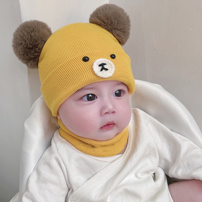 Mũ beanie Kèm Khăn Choàng Cổ Giữ Ấm Tai Hình Gấu Hoạt Hình Dễ Thương Cho Bé 0-2 Tuổi