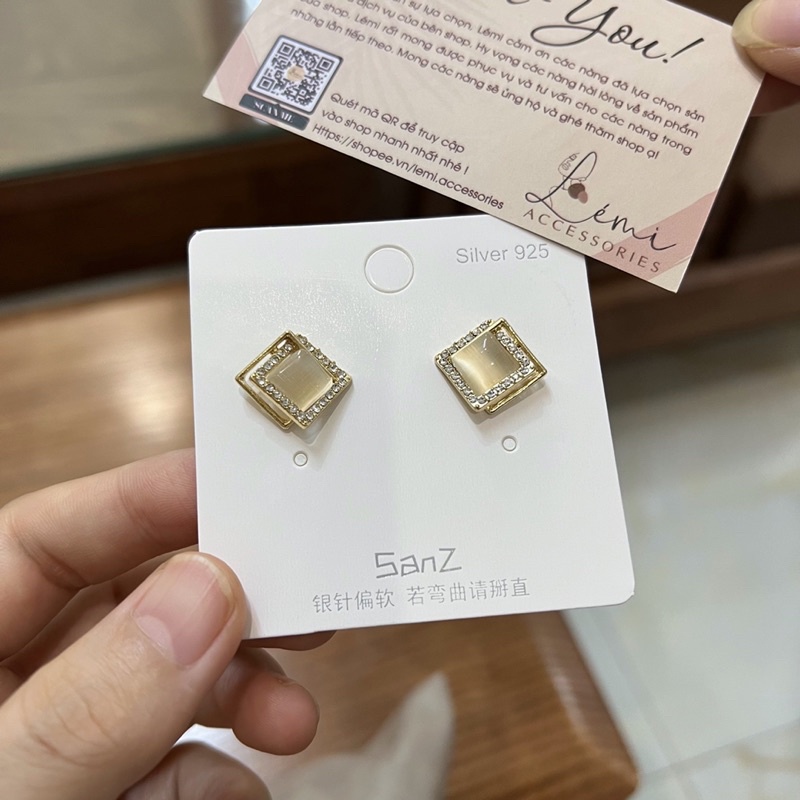 Hoa tai bạc s925 hình vuông đan đính đá nhỏ gọn không gây dị ứng da thời trang Hàn Quốc Lémi ccessories