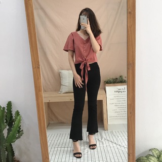 Áo cổ v buộc nơ eo - a597