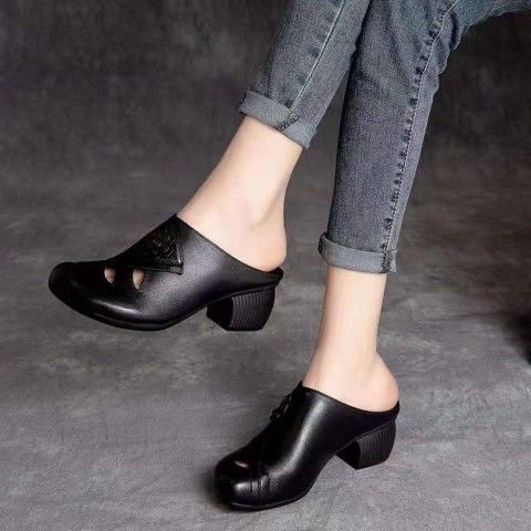 Dép Bít Mũi Bằng Da Thật Phong Cách Retro Thời Trang Mùa Hè 2021 Cho Nữ Trung Niên