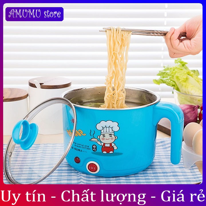 Nồi lẩu điện ca mì mini tiện dụng 18cm 2 lớp tặng kèm giá hấp tay cụp