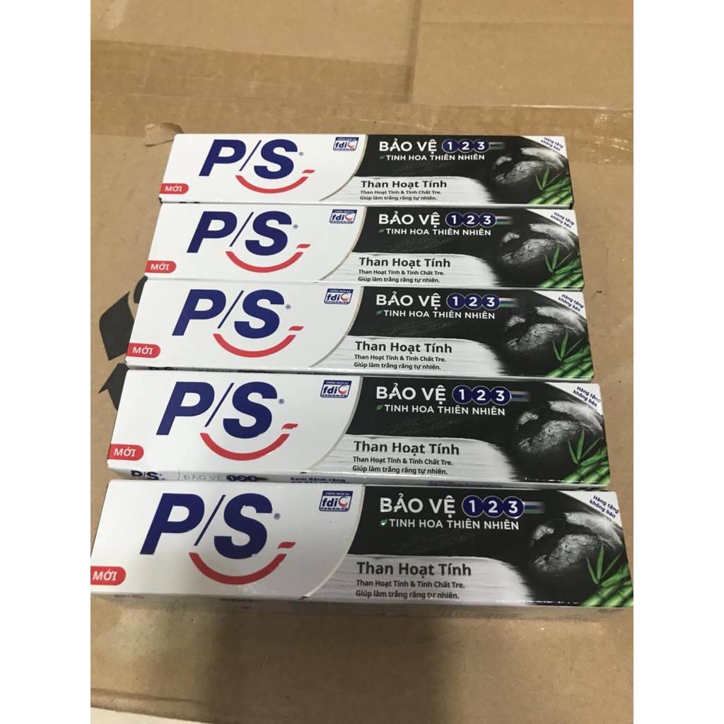 Kem đánh răng PS bảo vệ 123 than hoạt tính 180g. Bộ 5 cây