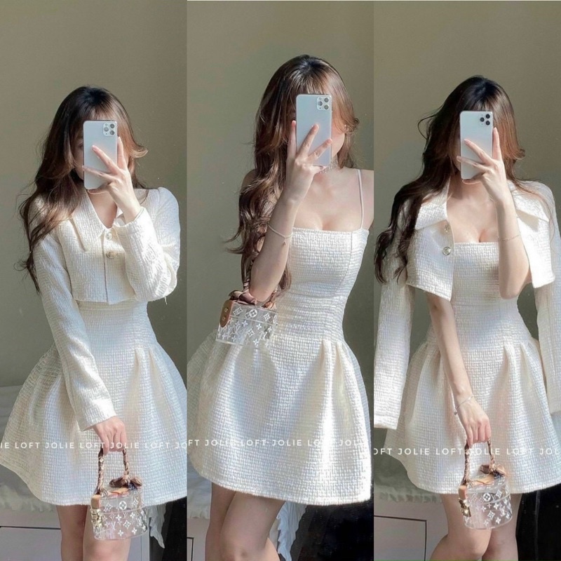 SET ĐẦM DẠ 2 DÂY TRẮNG  KÈM KHOÁC CROP VEST