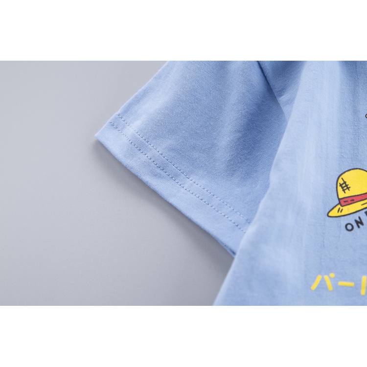 Bộ áo thun cotton in hoạt hình Luffy + mũ rơm + quần jeans cho bé trai 0-5 tuổi
