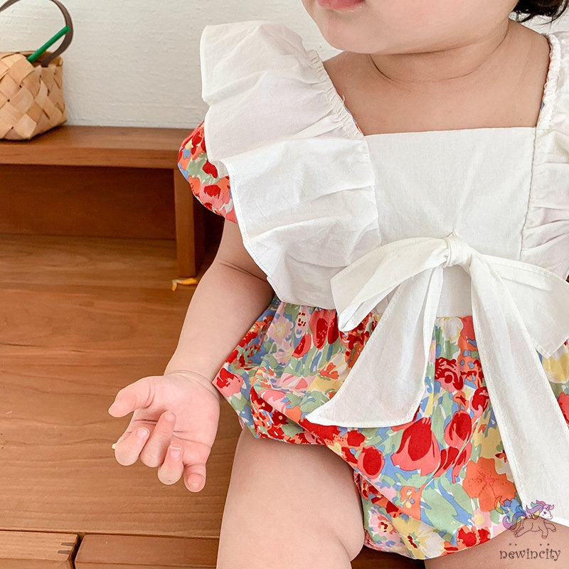 Bộ Áo Liền Quần Tay Ngắn Cổ Búp Bê Phối Bèo In Hoa Dễ Thương Phong Cách Hàn Quốc Cho Bé Gái