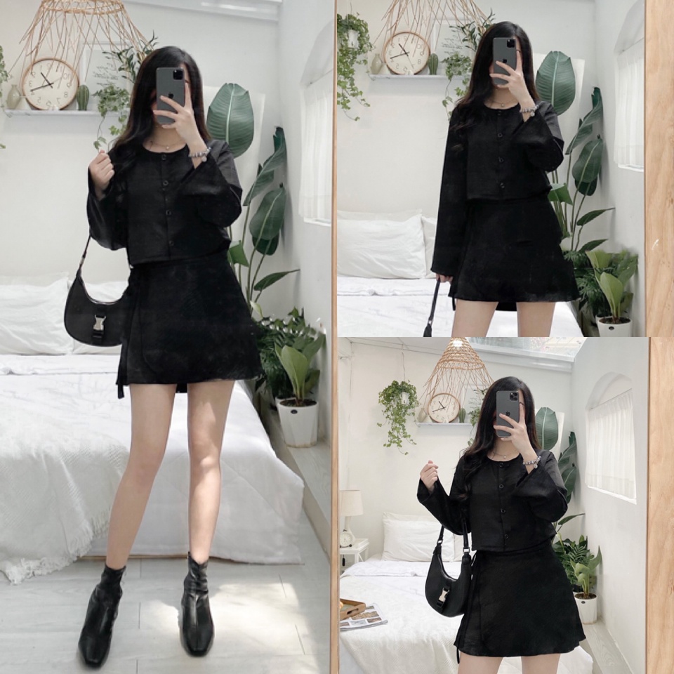 Set Đồ CINDY SET gồm chân váy cột vạt chéo và áo croptop tay dài thiết kế sang trọng chất vải lụa mịn