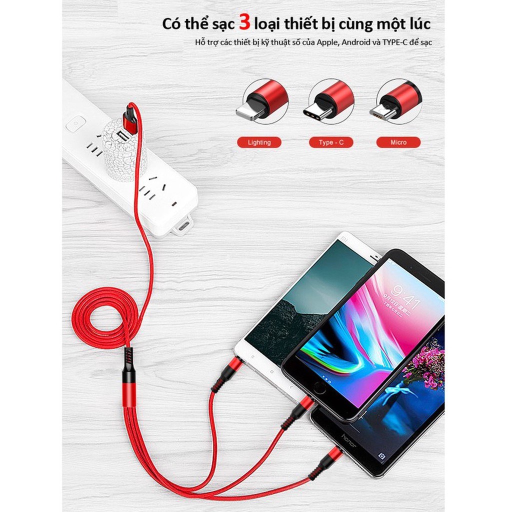 Dây Sạc điện thoại 3 in 1 Đầu Bọc Dù ( USB to Type C / Lightning/ Micro USB, Fast Charging & Data Cable )